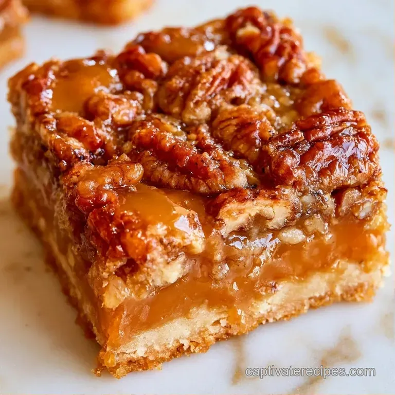 A single square of golden nut tart dusted with powdered sugar on a white ceramic plate with a swirl of cream.