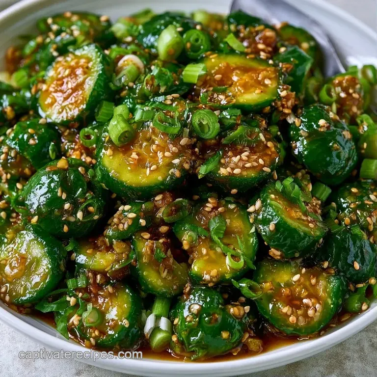Crisp cucumber slices coated in a vibrant red dressing, served in a white bowl with fresh green onion garnishes.