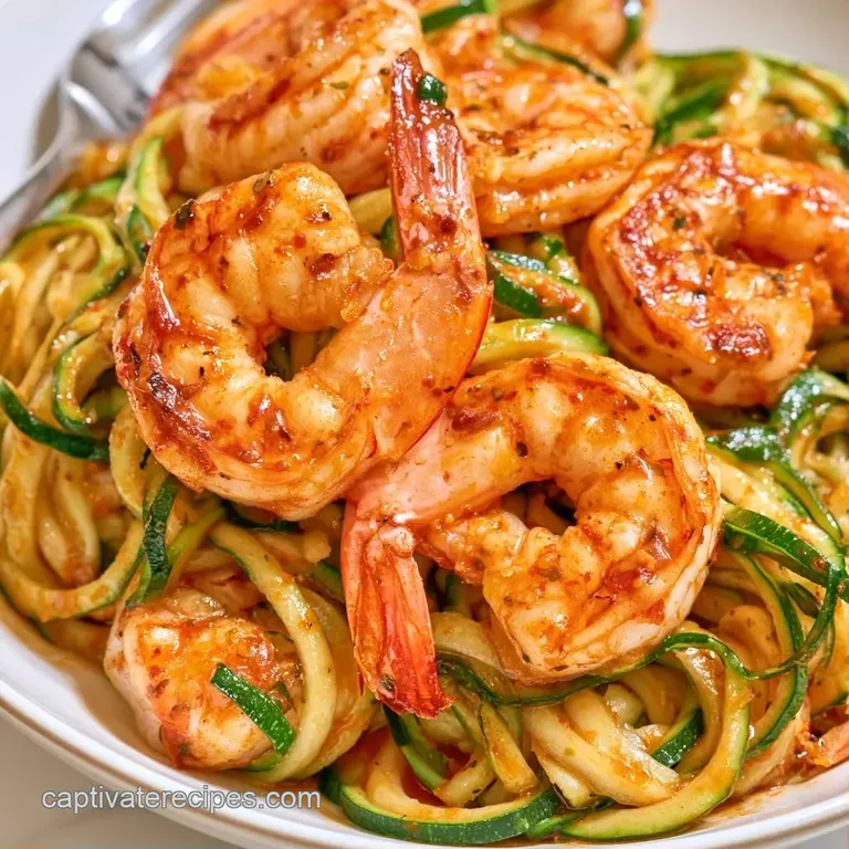 Elegant white bowl filled with swirled green zucchini noodles and seared pink shrimp topped with red pepper flakes.