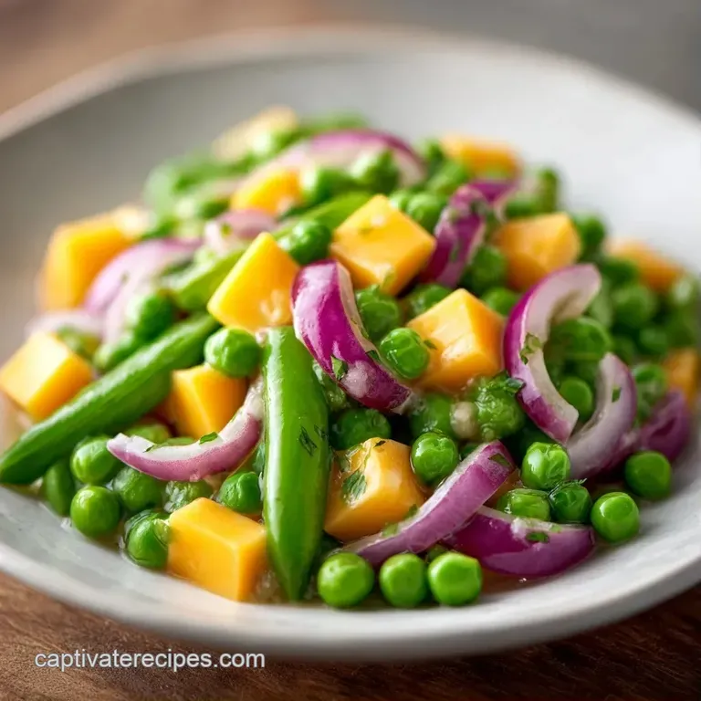 Vibrant green peas and creamy white cheese artfully arranged in a ceramic bowl, garnished with fresh mint leaves.