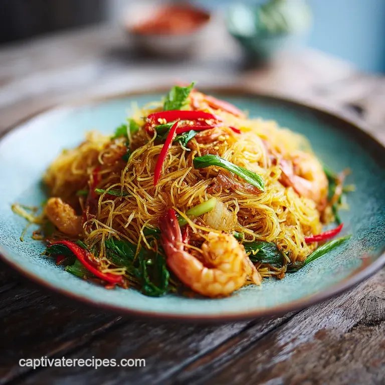 Elegant plate of Singapore noodles: golden noodles, bright vegetables, juicy shrimp, and a sprinkle of fresh cilantro for ...