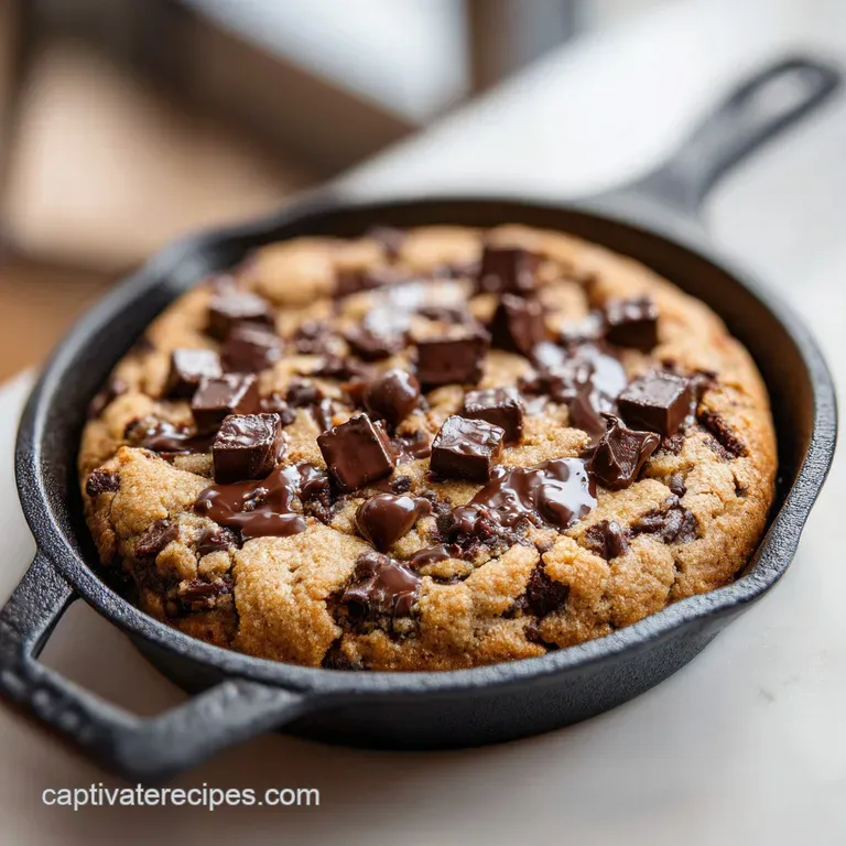 A generous scoop of vanilla ice cream melting into a warm, golden skillet cookie slice, drizzled with caramel.