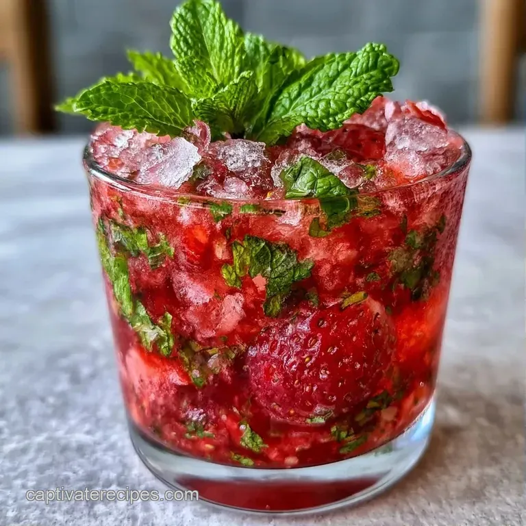 A frosted cocktail glass filled with crushed ice, topped with a fresh mint sprig and sliced red strawberries.