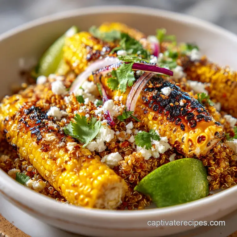 Deconstructed Mexican street corn quinoa salad, elegantly plated with vibrant corn kernels and cilantro against creamy avo...