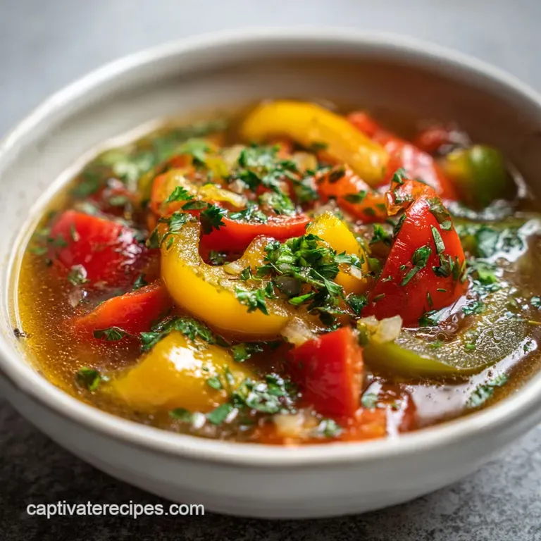 Steaming bowl of rich tomato broth with tender peppers and ground beef, topped with a swirl of cream and fresh parsley.