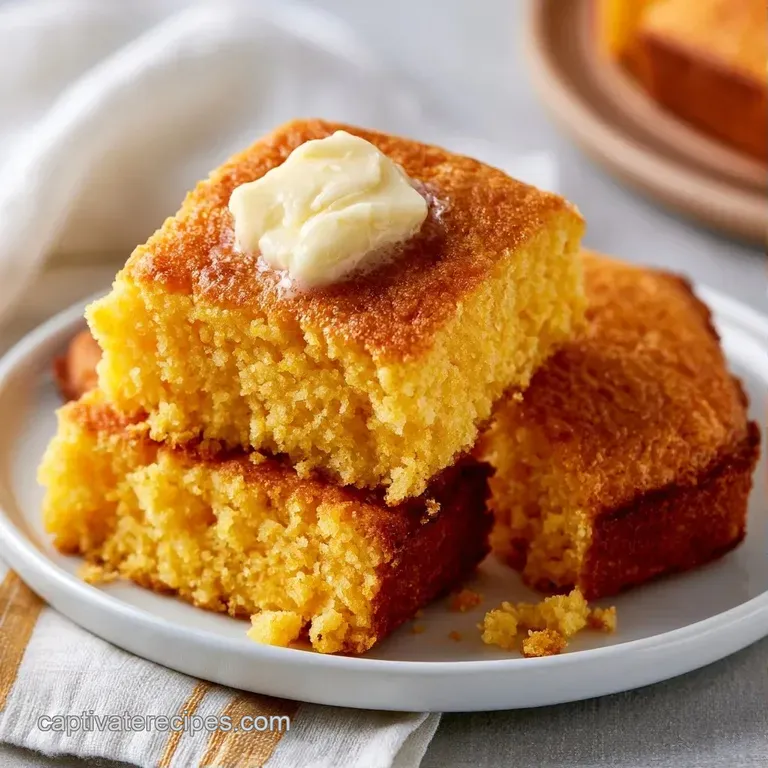 A square slice of yellow cornbread topped with melting butter on a white plate beside a sprig of fresh parsley.