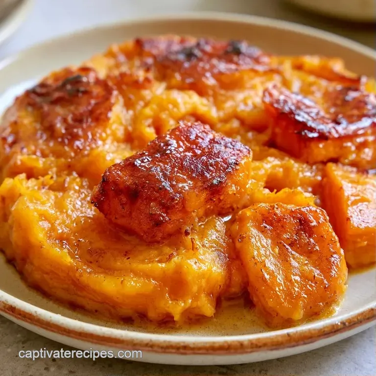 A single scoop of creamy orange mash topped with golden-brown toasted pecans on a clean, minimalist white plate.