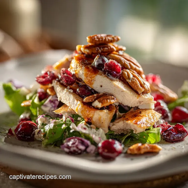 Chicken cranberry salad artfully arranged on a plate. Fluffy greens contrast with the shiny cranberries and a creamy whit...