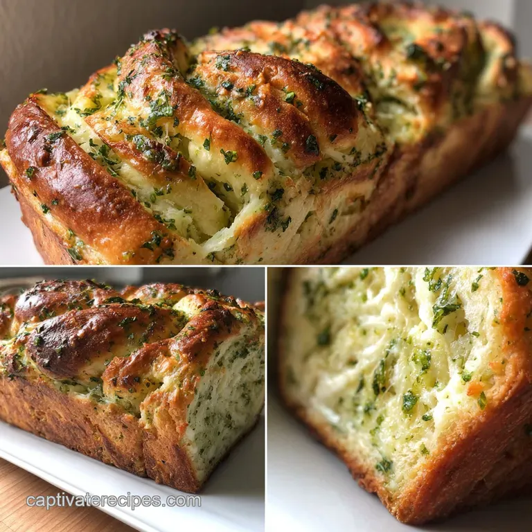 Slices of golden herb cheese bread are stacked, showing off the cheese pull and fragrant herbs. Ready to eat and enjoy.