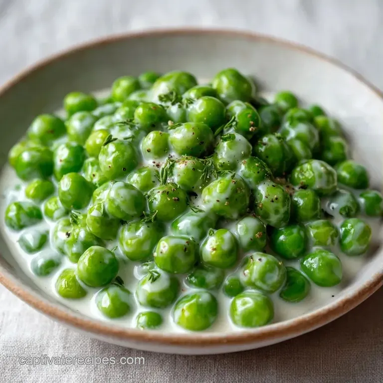 Vibrant green peas in a creamy white sauce served in a minimalist white bowl on a light rustic wooden table.