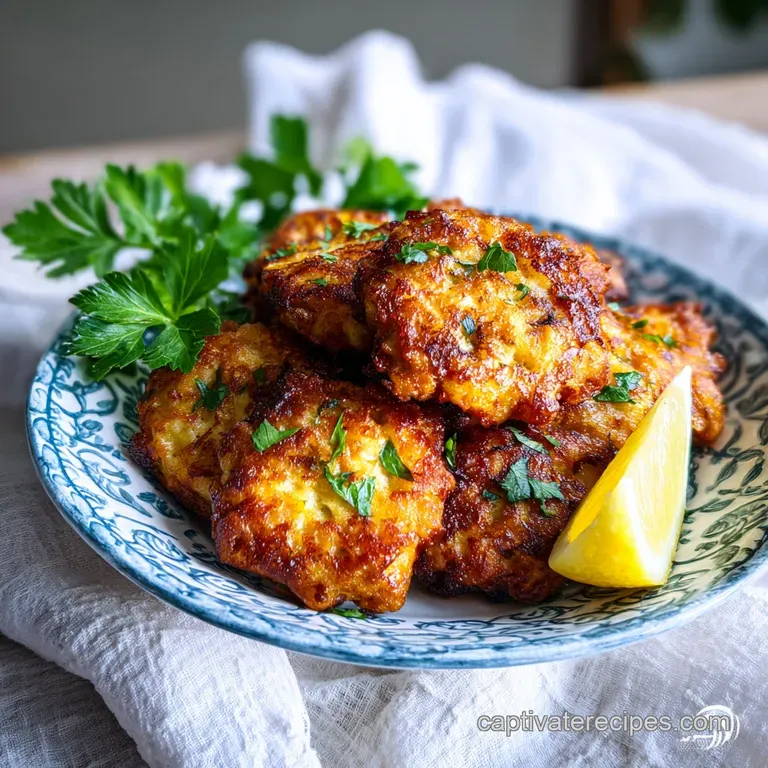 Plated chicken fritters with vibrant greens and a creamy dipping sauce. Crispy, golden edges peek from underneath the garn...