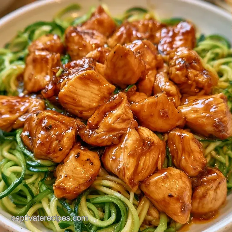 Glazed golden chicken and bright green zoodles in a white bowl, sprinkled with sesame seeds and fresh spring onions.