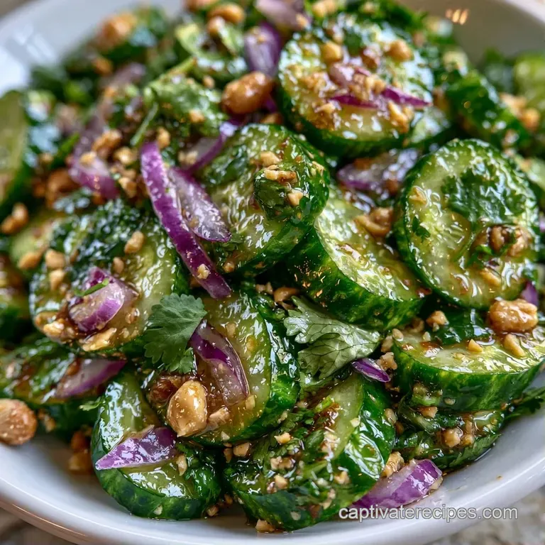 Sliced cucumbers and red onions artfully arranged in a white bowl, topped with fresh cilantro and toasted nuts.