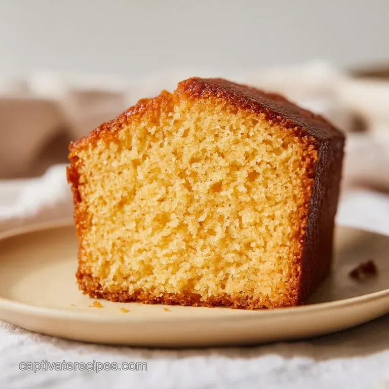 A thick slice of golden-brown cake dusted with powdered sugar, paired with fresh raspberries on marble.