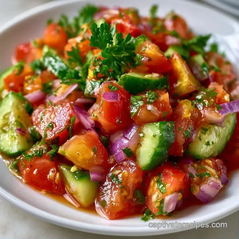 A white ceramic bowl filled with diced red tomatoes, crisp cucumbers, and slivered onions topped with parsley.