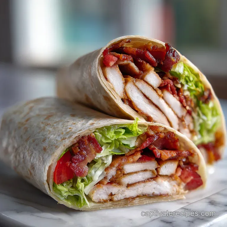 Neatly plated turkey club wrap halves revealing stacked fillings; golden bacon, sliced turkey, and a creamy spread visible.
