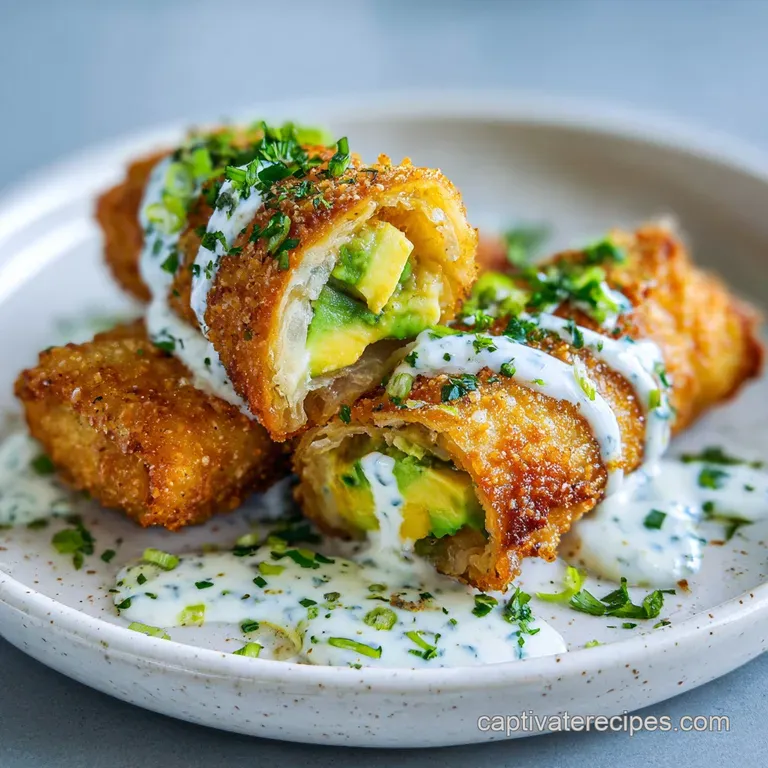 Crispy vegan egg rolls, artfully stacked on a white plate, drizzled with sauce, with a scattering of sesame seeds and micr...
