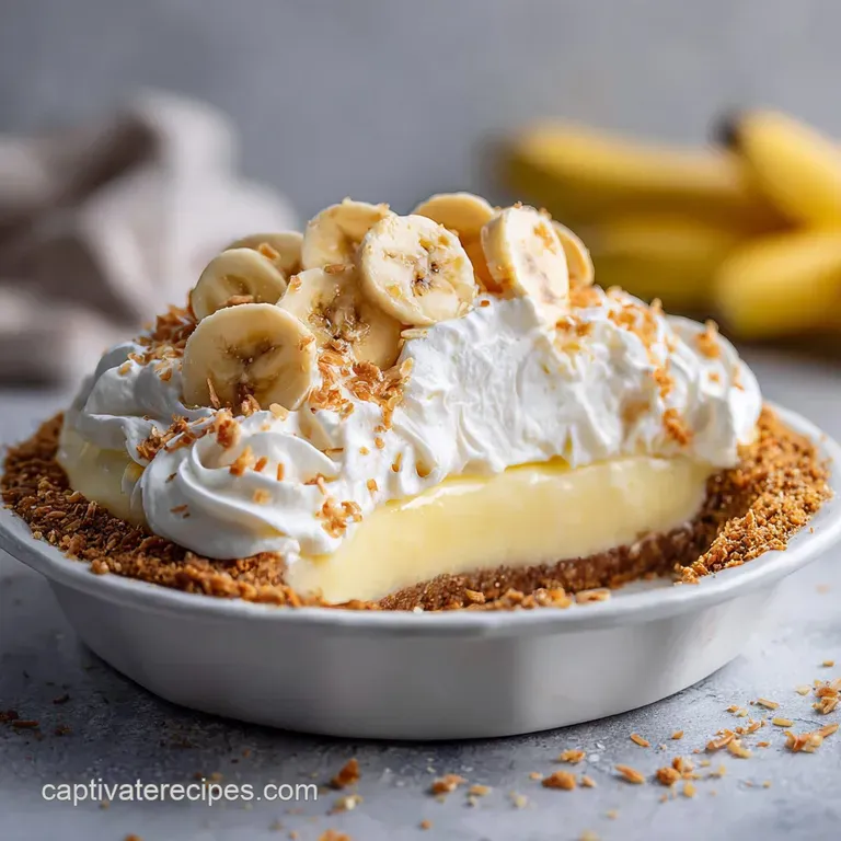 Slice of vegan banana cream pie with a smooth filling, banana garnish, and a dusting of cocoa on a white plate.