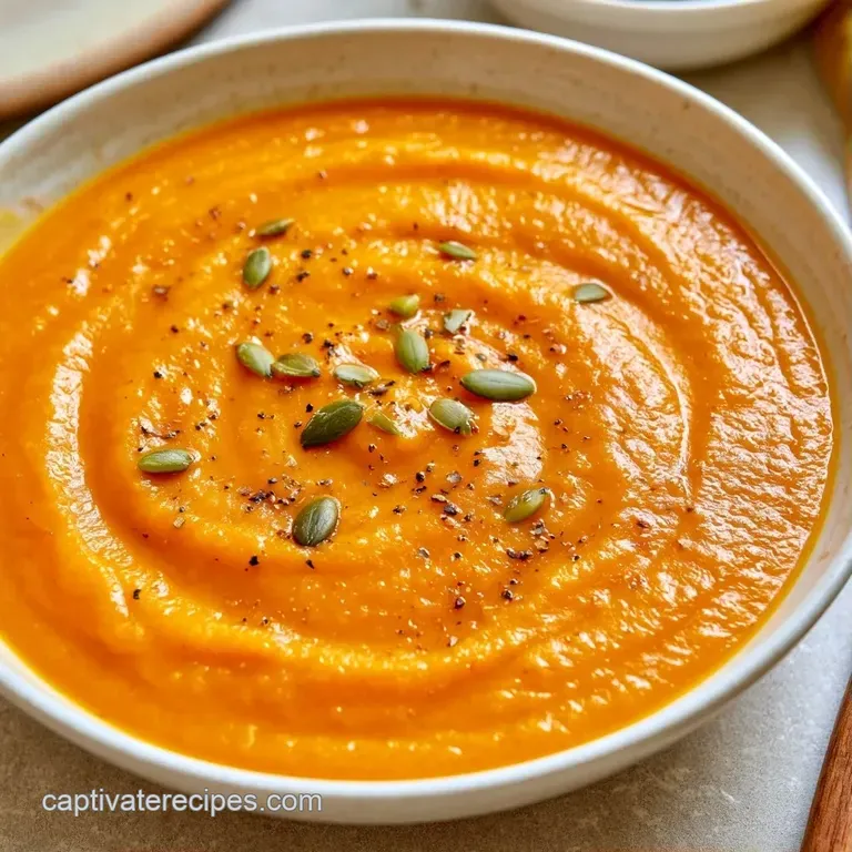 Velvety orange soup in a matte bowl on a rustic wood table paired with toasted crusty bread and a silver spoon