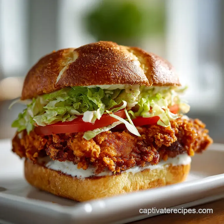 Elevated vegan chicken sandwich with vibrant green lettuce and ripe red tomato slices. Creamy sauce peeks out from a toast...