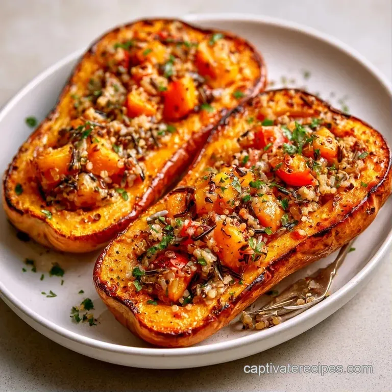 Vibrant orange roasted gourd filled with fluffy quinoa and nuts on a white ceramic plate beside a linen napkin.