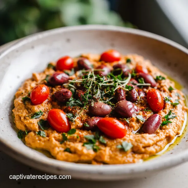 Elegant white bowl of smooth bean dip, drizzled with bright green cilantro sauce, chili oil and sprinkled with red pepper ...