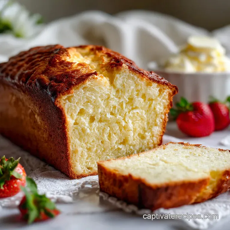 Slices of pale yellow, airy bread piled high, next to creamy white yogurt. A sprig of green herb adds fresh contrast.