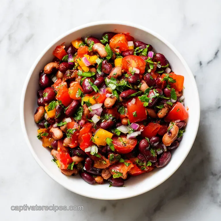A colorful mound of cowboy caviar served in a rustic bowl with a side of crispy tortilla chips.