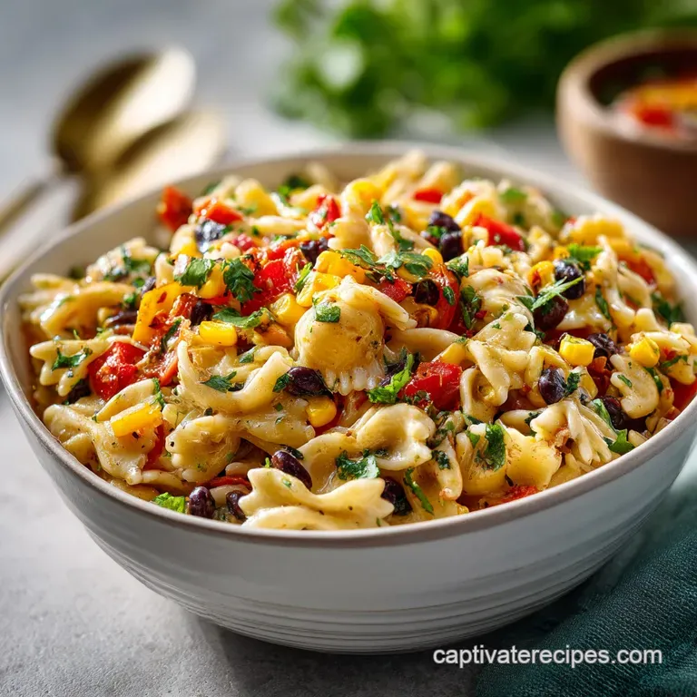 A vibrant Southwestern pasta salad artfully arranged on a white plate, garnished with cilantro and a lime wedge for fresh ...